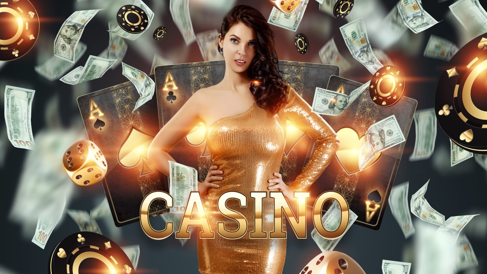 Beautiful girl on the background of casino atrebutics and falling dollars. Winning, casino advertising template, gambling, vegas games, betting