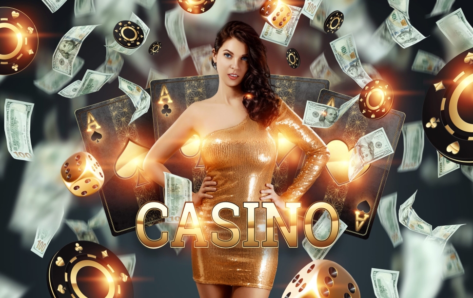 Beautiful girl on the background of casino atrebutics and falling dollars. Winning, casino advertising template, gambling, vegas games, betting